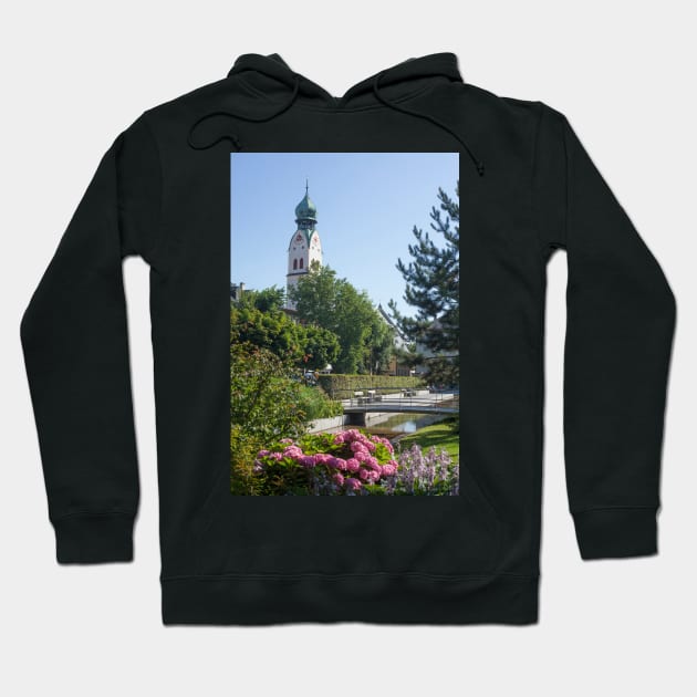 Riedergarten with parish church of St. Nikolaus, Rosenheim, Upper Bavaria, Bavaria, Germany, Europe Hoodie by Kruegerfoto